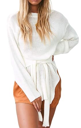 SZIVYSHI Langarm Rundhalsausschnitt Seite Schlitz Taillengürtel Pullover Strickpullover Sweater Jumper Schößchen Peplum Obert