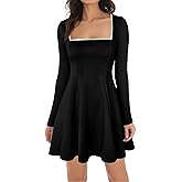 Lrady Womens Square Neck Bodice Dress Long Sleeve Flare A Line Club Party Mini Ruffle Swing Short Dresses