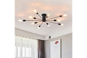 Garwarm Semi Flush Mount Ceiling Light, 10-Light Modern Black Sputnik Chandelier Industrial Ceiling Lamp for Kitchen Dining R