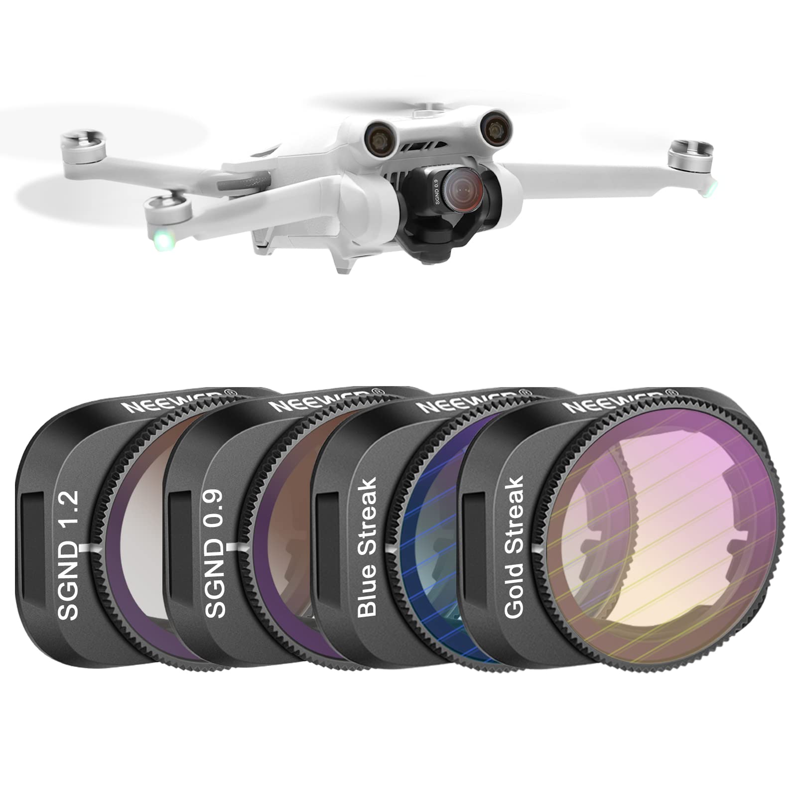 NEEWER Effects and ND Filter Set Compatible with DJI Mini 3/Mini 3 Pro,4PCS GND0.9 GND1.2 Gradient Neutral Density Filter with Soft Edge and Blue/Gold Strip Anamorphic Effect Filter for Drone