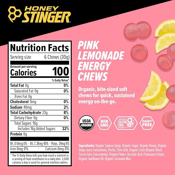 HONEY STINGER ORGANIC PINK LEMONADE ENERGY CHEW, GLUTEN FREE & CAFFEINE FREE, FOR EXERCISE, RUNNING AND PERFORMANCE, SPORTS NUTRITION FOR HOME & GYM, PRE AND MID WORKOUT, 21.6 OUNCES (PACK OF 12)