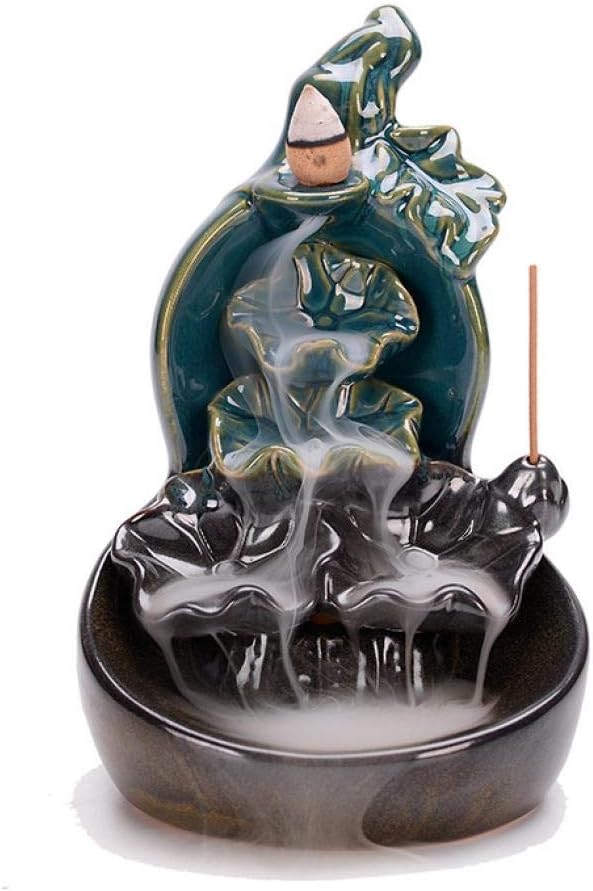 LIRENSHIGE Waterfall Incense Burner, Ceramic Lotus Backflow Incense Holder Incense Cones Burner with 10 Free Cones Office Home Decoration Yoga Handicraft Gift