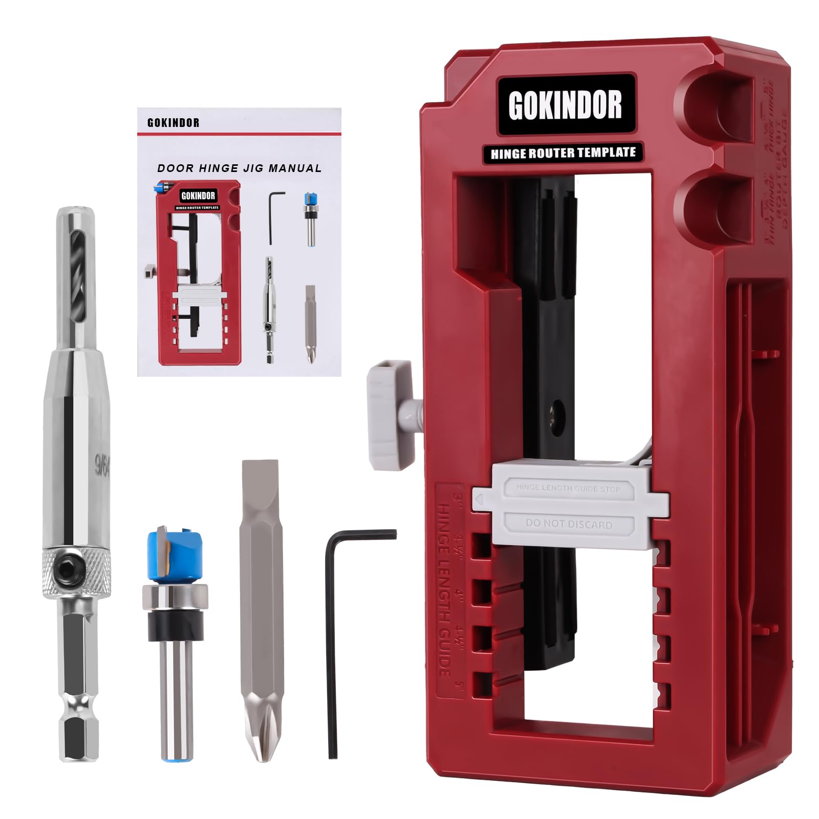 Photo 1 of GOKINDOR Door Hinge Jig for Easy Door Hinge Installation Mortiser for 3' to 5' Length, 1/4' to 5/8' Thickness, Square or Radius, Adjustable Jig Kit (Red)