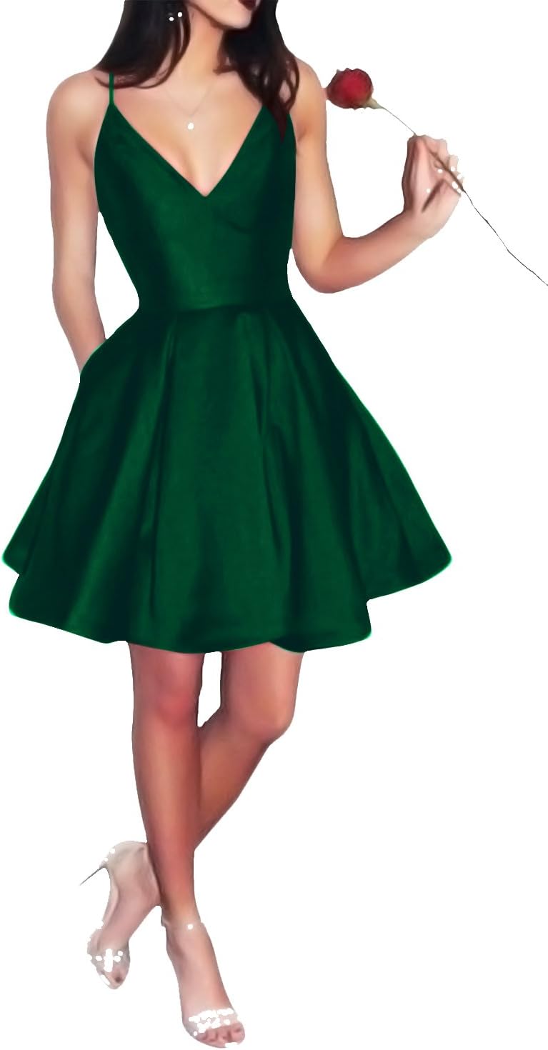 Yangprom Women's Short Spaghetti Straps V-Neck A-Line Homecoming Dress With Pockets