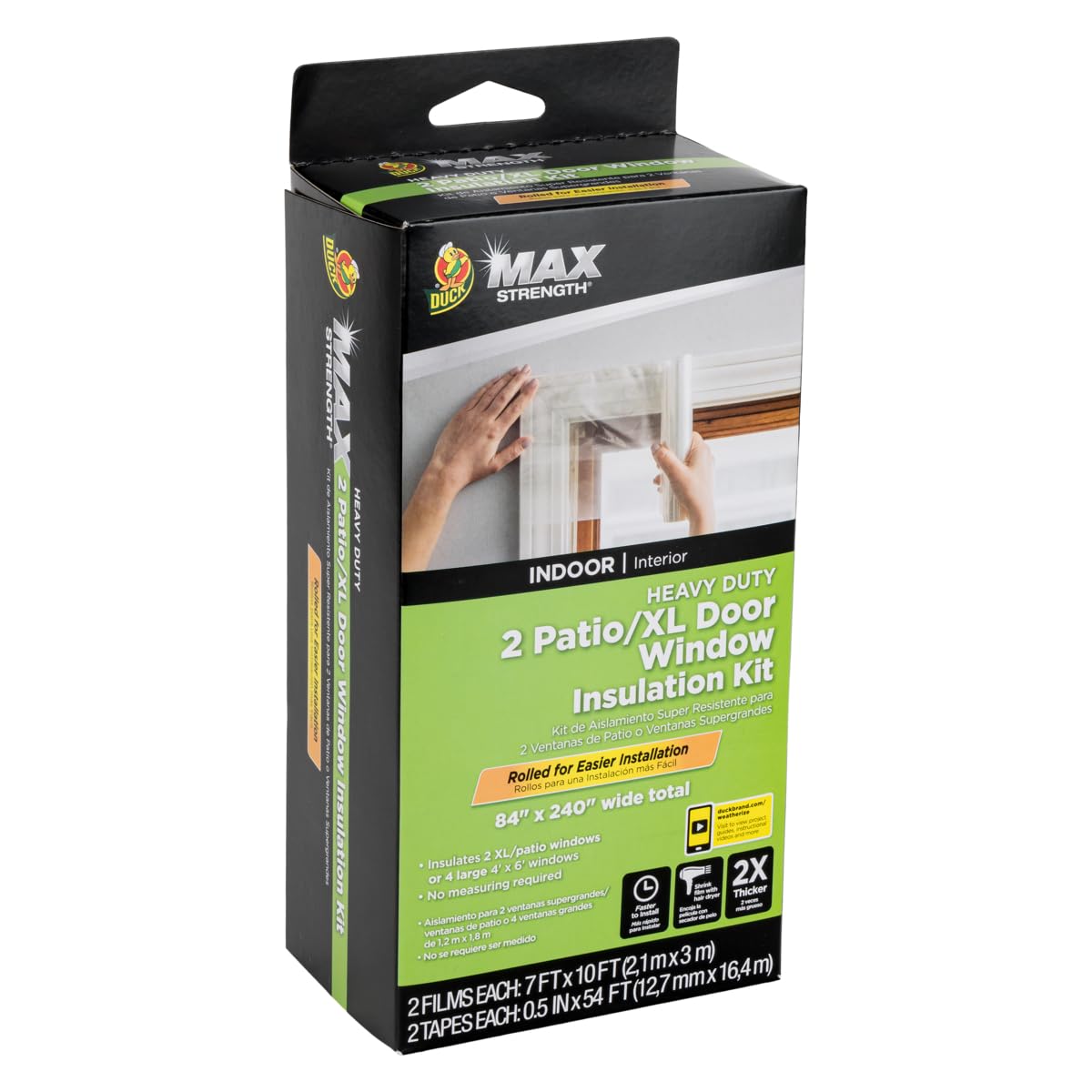 Duck MAX Strength Insulation Kit, Winter Seal for Patio Doors and Large Windows, Heavy Duty Shrink Film, Indoor Installation, Window Tape Included, 84" x 120", Clear, 2 Pack