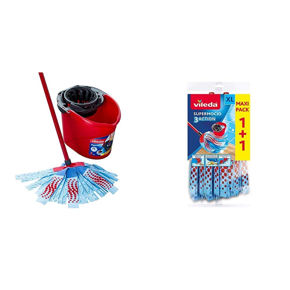 Vileda SuperMocio 3Action XL Mop and Bucket Set, Red/Blue & SuperMocio 3Action XL Refill, Refill Twin Pack