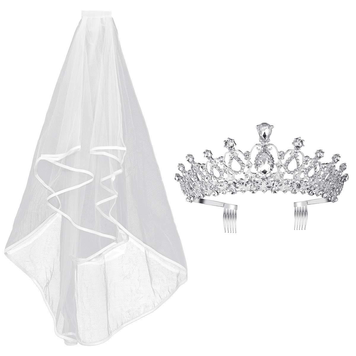 2PCS Frcolor Rhinestone Tiara Crown Veil With Comb Elegant Design Rhinestone Ribbon Comb Crown Communion Veil