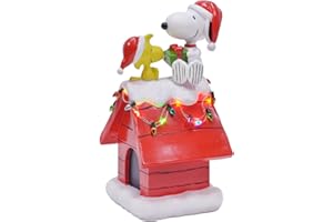 MARK FELDSTEIN & ASSOCIATES Mark Feldstein, Peanuts Snoopy's Dog House Tabletop Holiday Figurine with LED Christmas Lights, Red, 7.5 Inch
