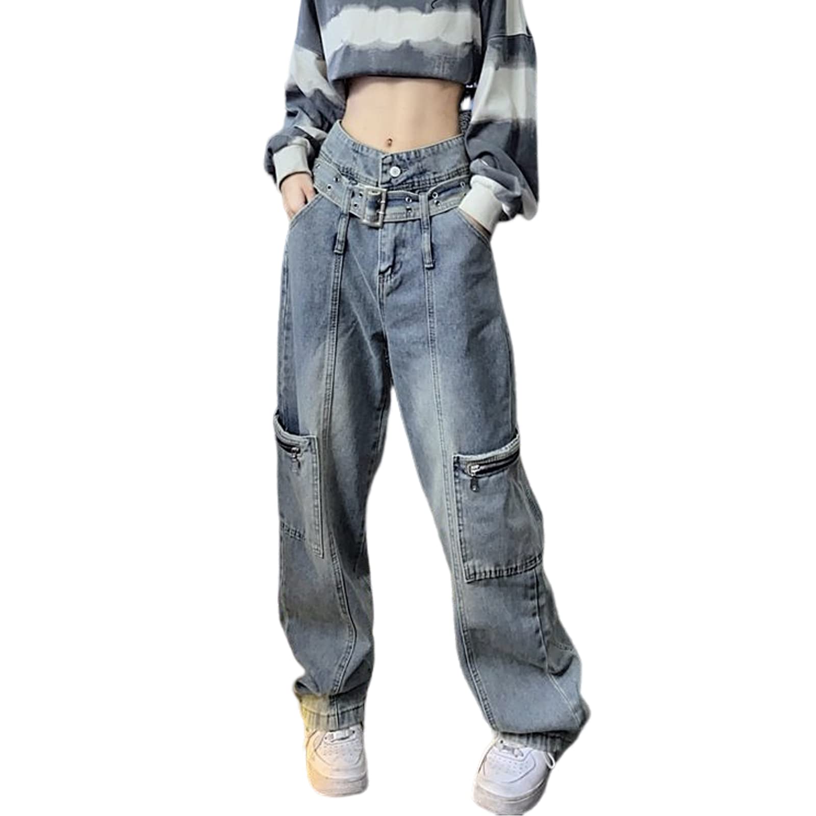 Photo 1 of Cute Cargo Jeans for Teen Girls Women High Waisted Flap Pocket Relaxed Fit Baggy Wide Leg Jeans Denim Pants with Belt Light Blue