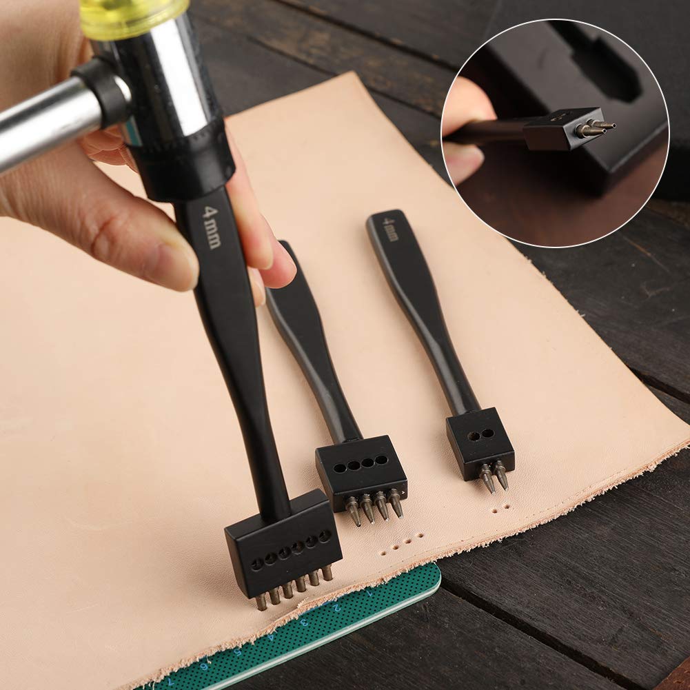 DIUDUS Prong Punch, Black Leather Punch Tool 4mm, 2/4/6 Lacing Stitching Punch, Round Hole Prong Stitching Chisel Set Leather Working Tools for Leathercraft