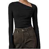 WDIRARA Women's Asymmetrical Neck Elastic Tops Ruched Going Out Top Tees