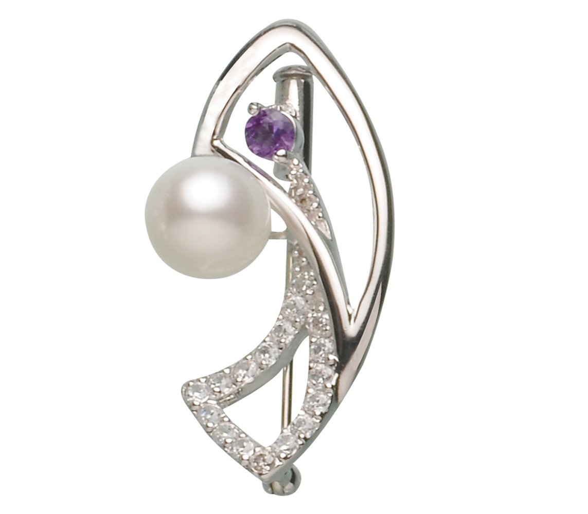 Jo & Co. Mackintosh-Style Sterling Silver and White Freshwater Pearls Brooch with Amethyst Coloured Cubic Zirconia, Marked 925 Sterling Silver, Glossy Finish, Contemporary Packaging