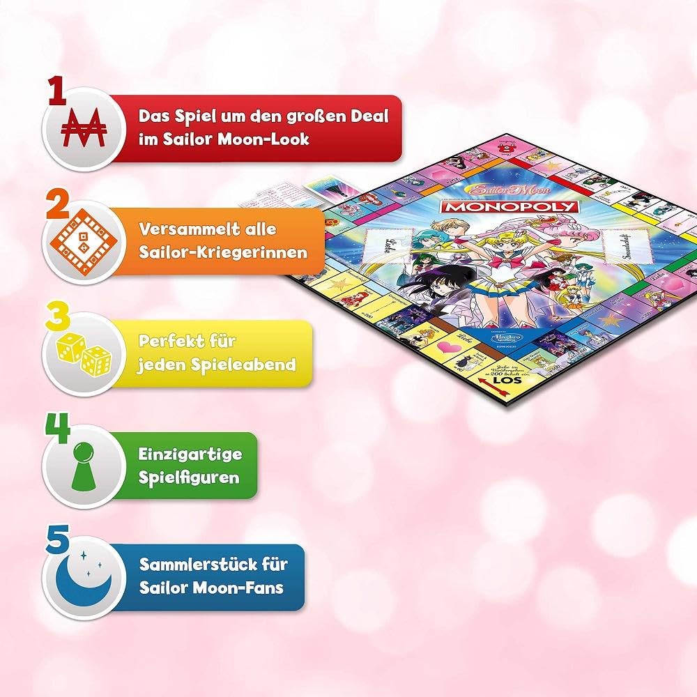 Winning Moves Monopoly Sailor Moon Edition - Monopoly Spiel für Fans - Familienspiele Strategie Brettspiele Sailor Moon - 2+ Spieler ab 8+ Jahren - Deutsch