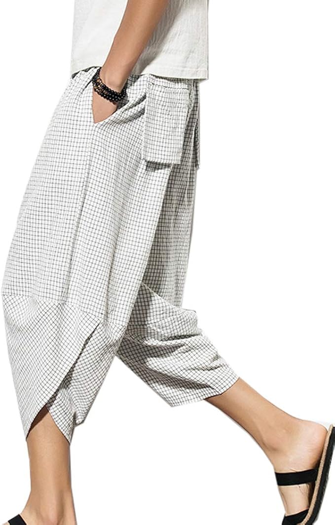 Mens Harem Pants Summer Capri Pants Drawstring Baggy Wide Leg Trousers