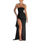 YMDUCH Women's Elegant Strapless Bodycon Ruched Ruffle High Split Long Formal Evening Dress