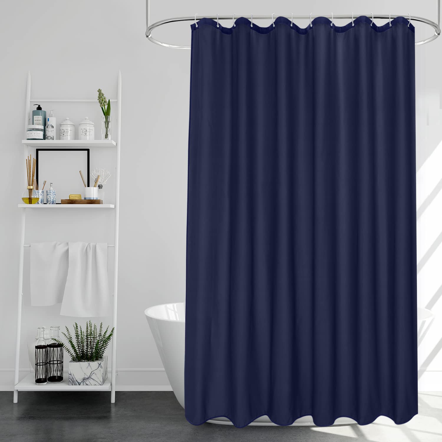 EurCross Navy Blue Shower Curtain Mould Proof Resistant Washable, Quick Dry Water-resistant Fabric Bathroom Shower Curtain 180 x 180cm Drop with 12 Plastic Hooks