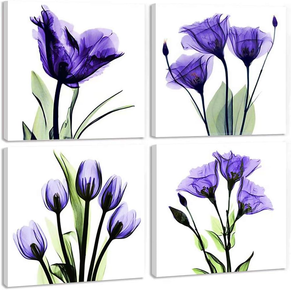 TONZOM - Canvas Wall Art 4 Panel Elegant Tulip Flower Print Wall Art Painting Artwork Modern Pictures Framed Ready to Hang For Office Decor (purple flower prints framed) 12x12inch
