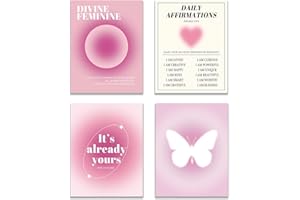 KEUSPI Daily Affirmations Heart Divine Feminine Pink Aura Energy Gradient Y2K Minimalist Wall Art Poster Prints for Bedroom Dorm Decor,Spiritual Decorations Posters Unframed 8x10 Inches Set of 4