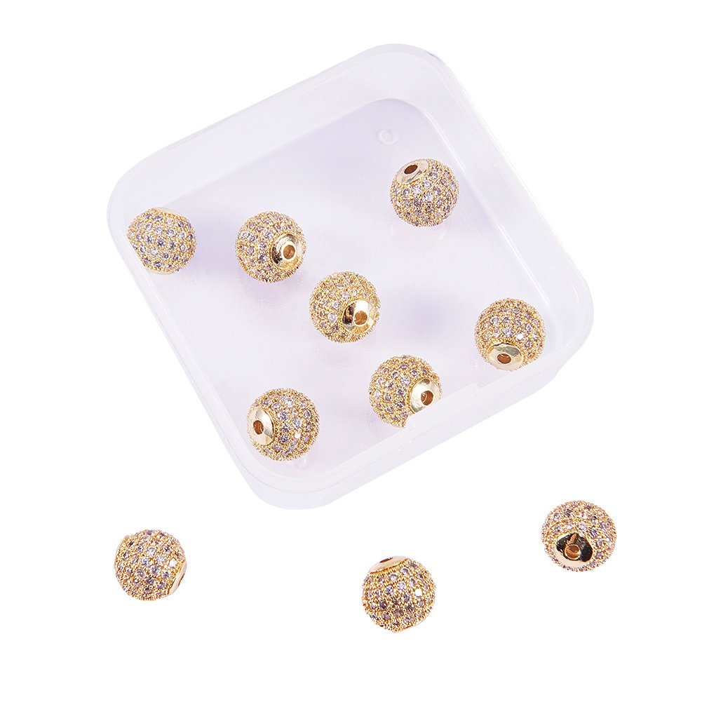NBEADS 1 Box of 10 Pcs 10mm Crystal Cubic Zirconia Pave Micro Setting Round Beads Pave Disco Ball Spacer Beads Brass Bracelet Connector Charms for Jewelry Making, Golden