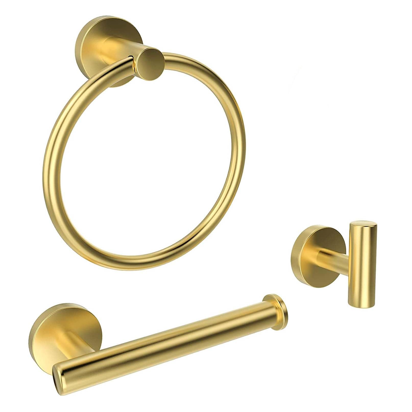 Gold Bathroom Hardware, NSCMQSL Bathroom Accessories Set Includes Toilet Paper Holder Round Towel Ring Robe Hook Wall Mounted,3 Pieces