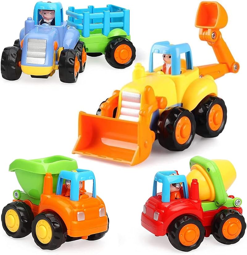 HOLA 4 Pack Friction Power Digger Trucks Set for Toddlers 1 Year Old Boys