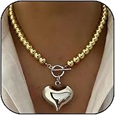Zurlcdye Chunky Gold Necklace for Women Beaded Chain Paperclip Heart Pendant Necklace Statement Fashion Outfits Accessories Jewelry Gift