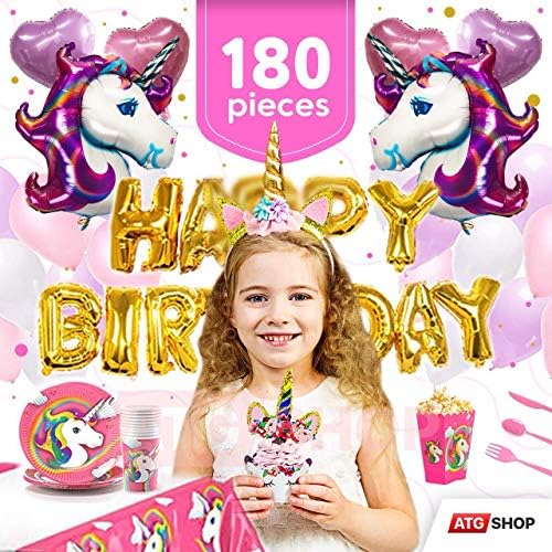 Unicorn Party Supplies | Kid Party Favors | Unicorn Party Set - Unicorn Headband | Disposable Tableware Set | 30 Magical Unicorn Balloons | 24 Pc Unicorn Cupcake Wrappers & Toppers | Unicorn Party Decoration | Party Favors 180+ PCS