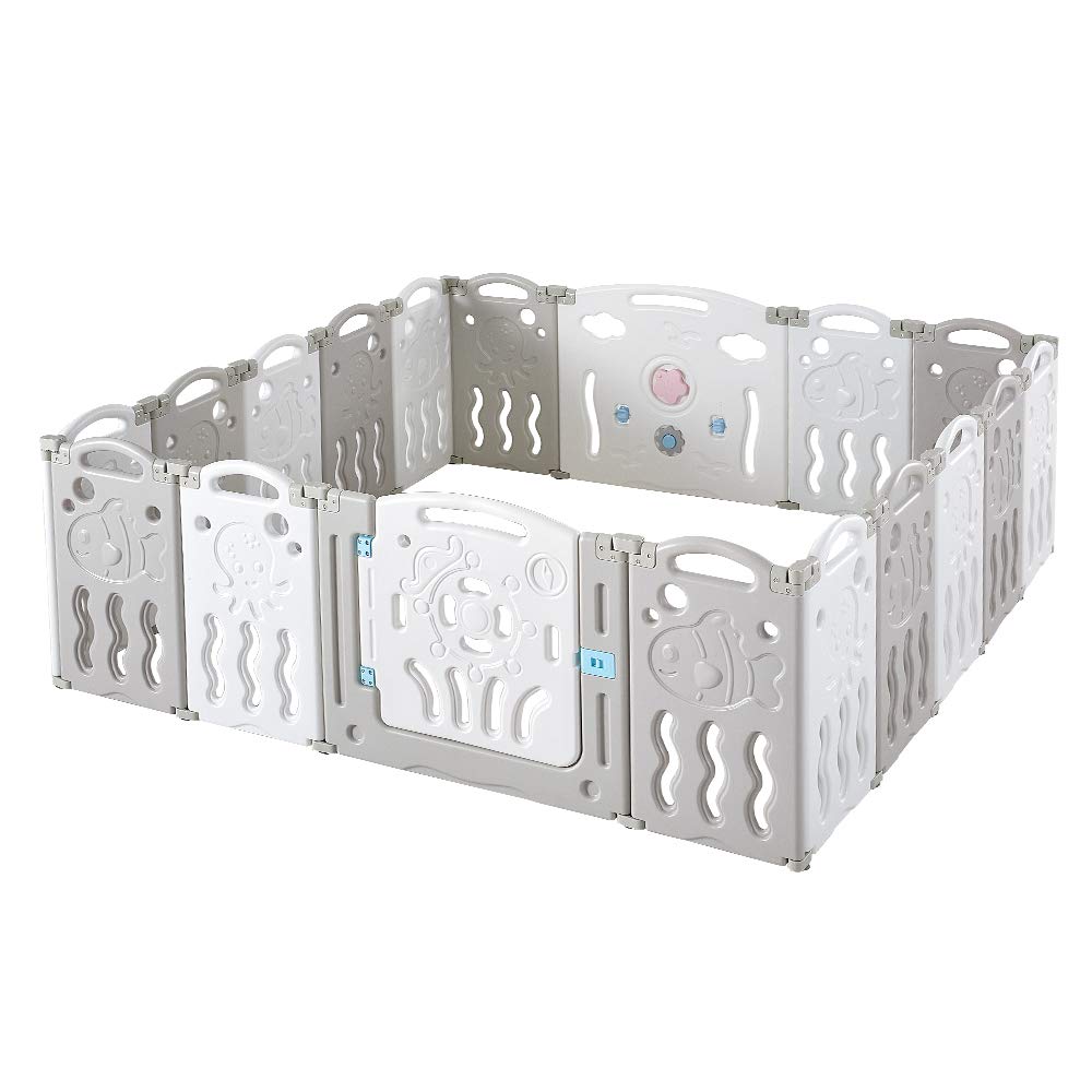 Albott Baby Fence Kid Playpen 18 Panel Play Yard - Foldable Kids Safety Activity Center Playard Safety Lock Gate,Adjustable Shape, Portable Design for Indoor Outdoor Use (Grey+White, 18 Panel)