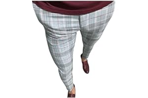 WUAI-Men Chions Slim Fit Stretch Plaid Flat-Front Skinny Dress Elastic Waist Pencil Pants Trousers
