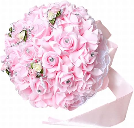 Amazon 美しい花嫁 ウエディング ブーケ フラワーシャワー 付 ブライダル ブーケ ピンク 花束 造花 オンライン通販