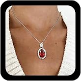 Xduargs Boho Ruby Pendent Necklace Red Halo CZ Necklace Vintage Oval Crystal Choker Necklace Adjustable Glittering Ruby Thin Chain Necklace Jewelry for Women
