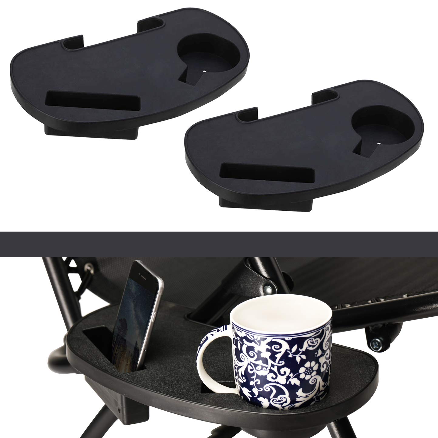 SUNMER Clip On Side Tables, Phone Tray And Cup Holder, Easy Clip On, Suitable For Sun loungers, Camping Chairs, Fishing chairs And Many More – Pack Of 2