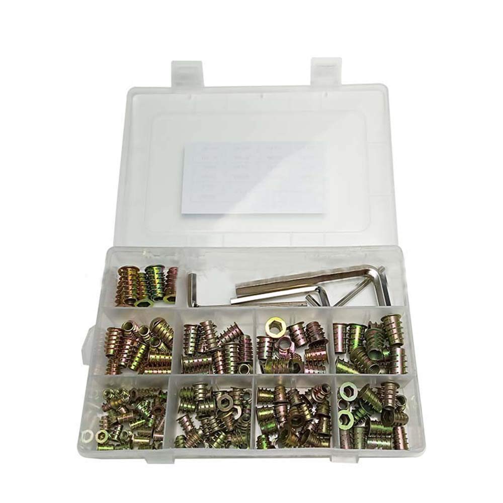 145pcs Threaded Insert Nuts M4 M5 M6 M8 Zinc Alloy Furniture Hex Socket Screw Inserts Assortment Tool Kit for Wood Furniture with 4pcs Hex L-Wrenches