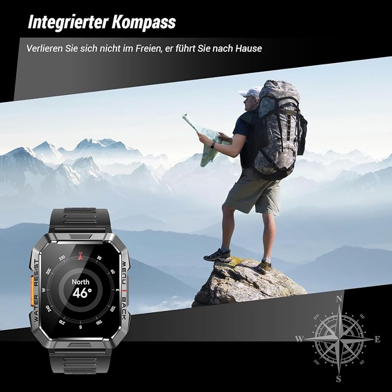 Smartwatch Herren Militär,100 Tage Akku, LED Taschenlampe, Bluetooth-Anrufe, Fitness-Tracker,100+ Sportmodi, Herzfrequenz-&SPO₂-Monitor, IP68 Wasserdicht, Schlafüberwachung, Android iOS