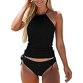 LVZIJUN Women's Tankini Sets Two Piece Bathing Suits Halter Neck Tummy Conrol Tankini Swimsuits Solid Color Thong Bottom