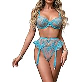 HELLOLAGIRL Sexy Lingerie Set for Women,Lace Womens Lingeries flower Teddy Lingerie 3 Piece with Garter Belt