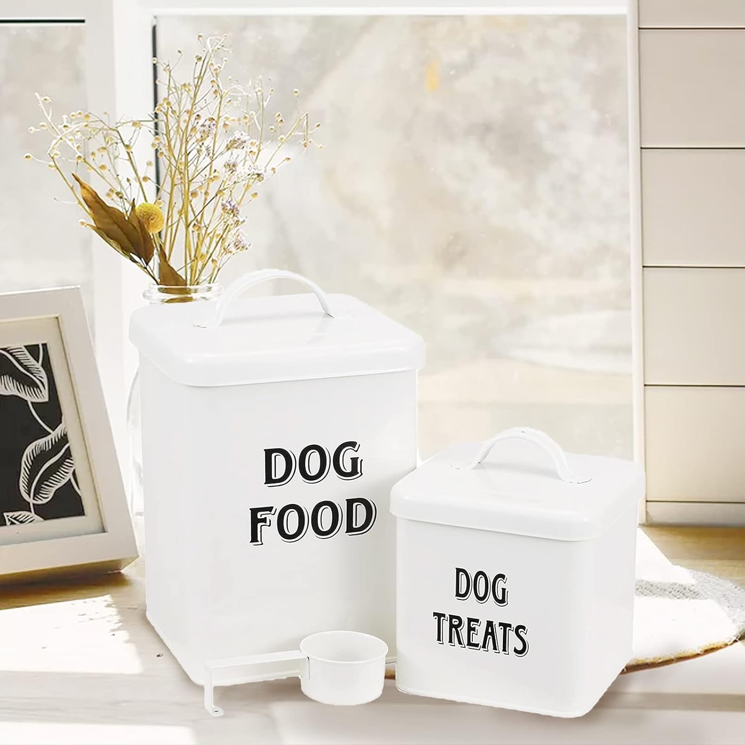 Pet Supplies : Pethiy Dog Food and Treats Containers Set with Scoop for Dogs-Vintage White Powder-Coated Carbon Steel - Tight Fitting Lids - Storage Canister Tins Small-White : 