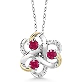 Gem Stone King 925 Silver and 10K Yellow Gold Round Red Ruby and White Lab Grown Diamond 3-Stone Pendant Necklace For Women (1.10 Cttw, Gemstone July Birthstone, with 18 Inch Chain)