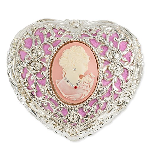 Pink and Silver Tone with Swarovski Crystals Metal Heart Jewelry Music Box Plays Bolero