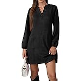 Jayscreate Women's A-line Suede Mini Dress Pocket Elegant 2025 Spring Fall Winter V Neck Long Sleeve Short Dress