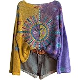 ACWUMU Women's Boho Floral Print Knit Sweaters Vintage Long Sleeve Casual Loose Crewneck Pullover Sweater Tops