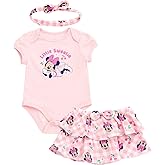 Disney Minnie Mouse Baby Girls Bodysuit, Skirt and Headband 3 Piece Outfit Set Newborn to Infant Sizes (Newborn - 24 Months)
