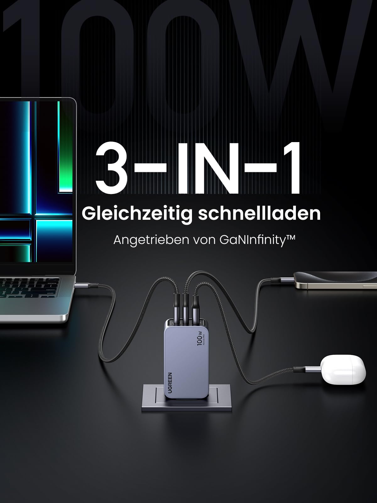 UGREEN USB C Ladegerät, Nexode Pro 100W GaN Charger Mini USB C Netzteil 3-Port Schnellladegerät PPS 45W kompatibel mit MacBook Pro/Air, iPad, iPhone 17, Galaxy S25 Ultra, S24, Dell XPS 4
