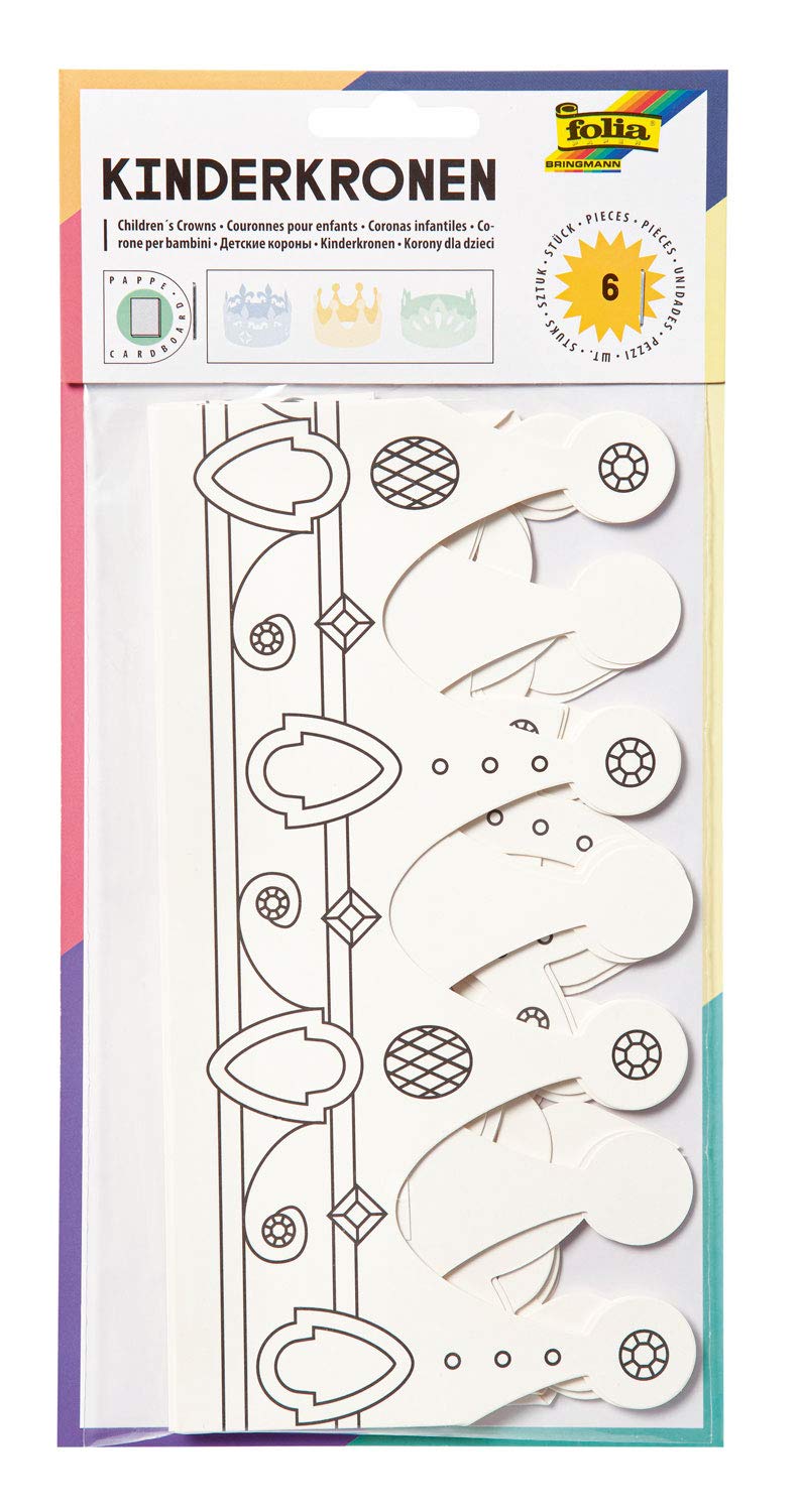 folia 23309 - Children's Crowns Made of Cardboard, Assorted in 3 Shapes, 6 Pieces, White, for Painting and Designing Yourself, for Children, Boys and Girls, Ideal for Children's Birthdays and Parties