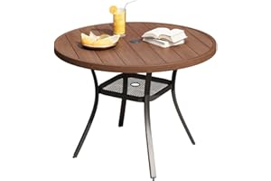 DIFY Outdoor Dining Table for 4 Person, 40.6"x 40.6" All Weather Round Patio Metal Table with 1.57" Umbrella Hole for Poolside Garden and Backyard, Walnut