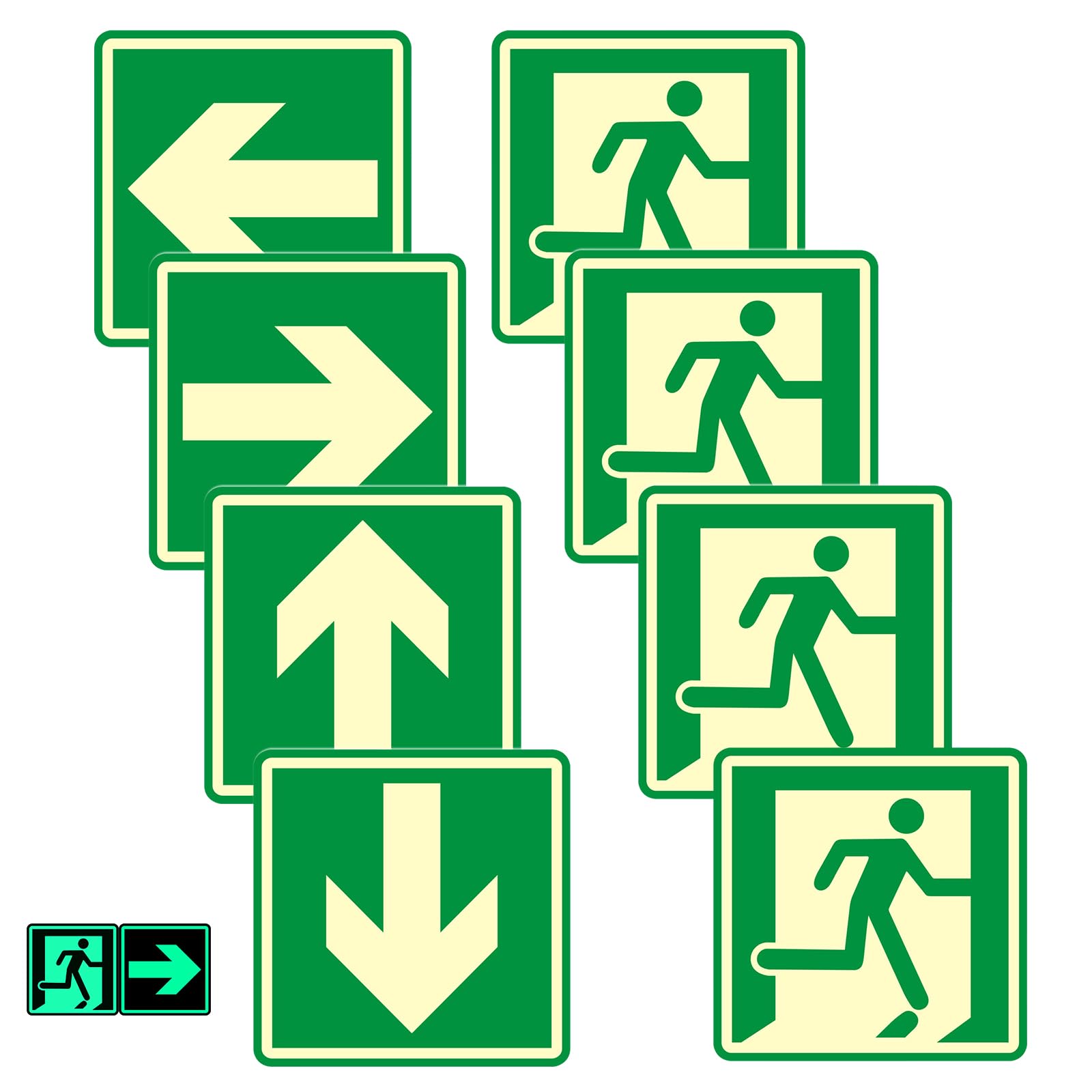 Andchi 8pcs Exit Safety Signs 4 Couple of Exit Sign, Aluminium Luminous Signage Glow-in-the-dark signs (Green, 10 * 10cm)