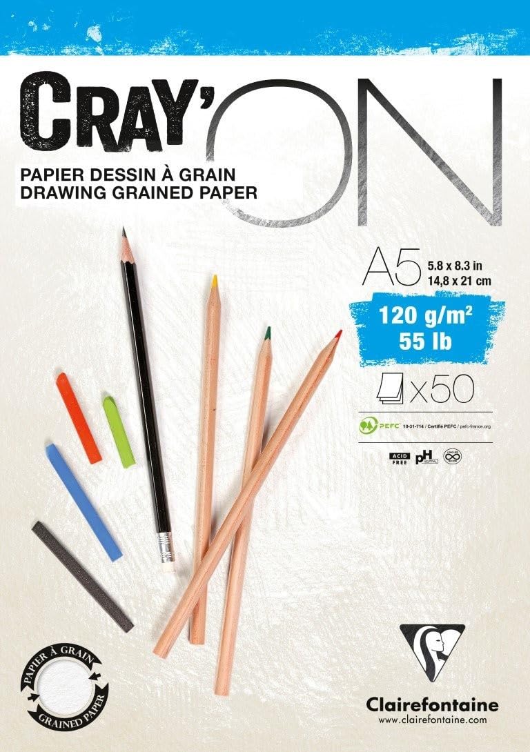 Clairefontaine - Ref 975019C - Cray'On White Glued Sketch Pad (50 Sheets) - A5 (14.8 x 21cm) Size, 120gsm 100% Cellulose Paper, Grained One Size & Smooth Other Side