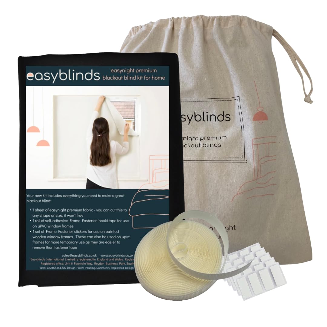 Easyblinds Easynight Premium blackout blind, thermal, self-adhesive attachments, OEKO-TEX fabric, BLACK, cut to any shape/size up to 150x135cm, Full Blackout, Easy To Use, Temporary Or Permanent