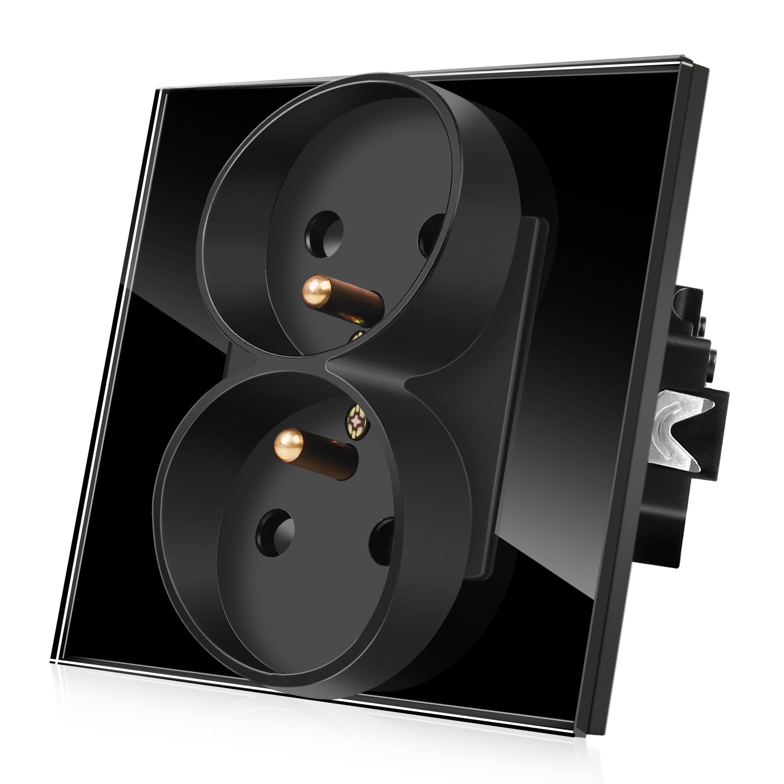 CNBINGO Double French Socket Flush-Mounted in wallbox - Screw and Claw Fixing - Standard Glass Socket - Black - 86mm