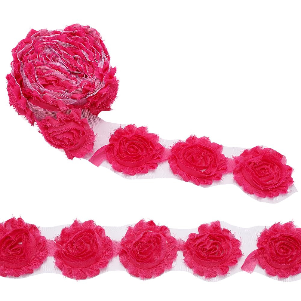 MAYJOYDIY 4.5mx65mm Hot Pink Chiffon Rose Lace Trim, Shabby Flower Trim Braided Lace Trim Applique Trimming Craft for Sewing Wedding Dress Decoration Accessories